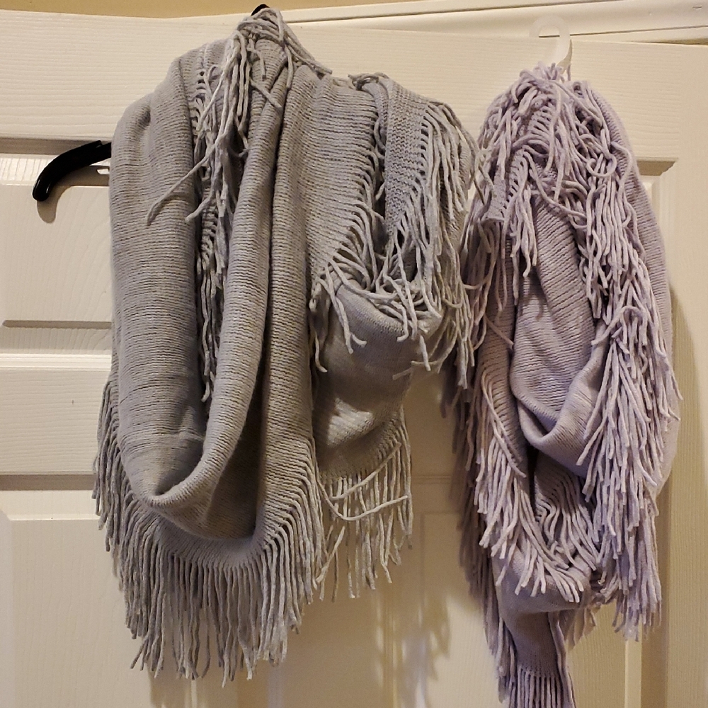 Fringed Gray and Lavender Infinity Scarves